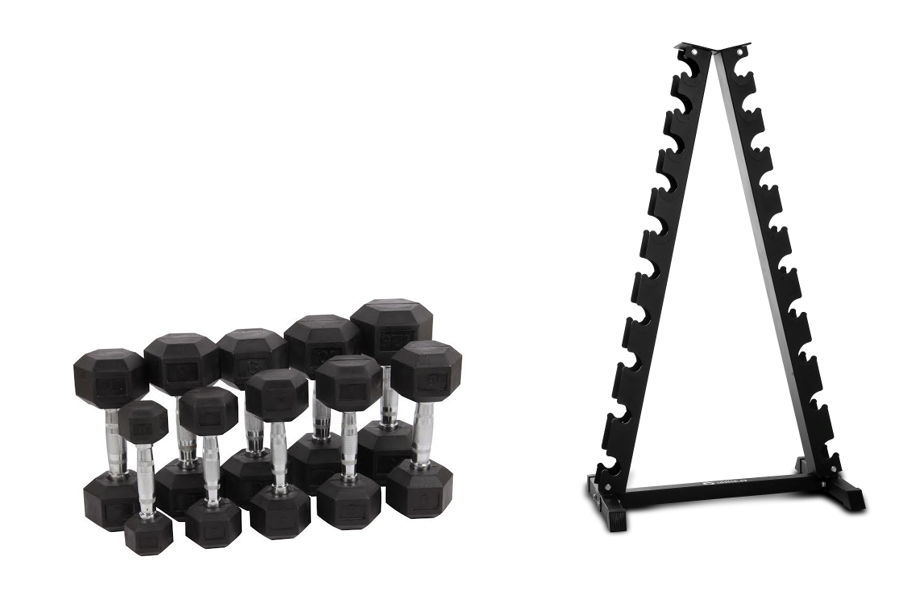 Hex håndvægtspakke 1–10 kg med håndvægtstativ