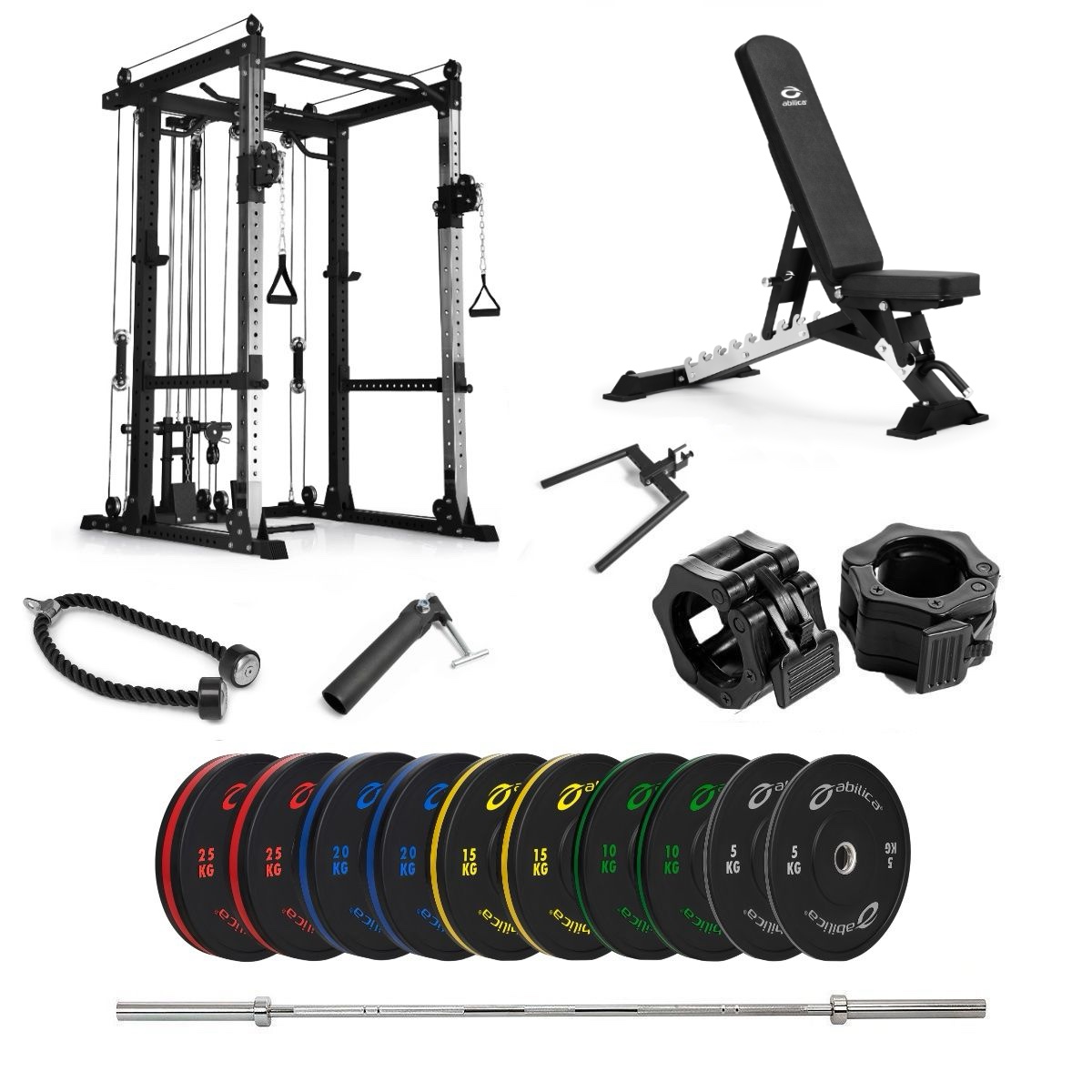 Power Rack med farvede Bumper og bænk – 170 kg
